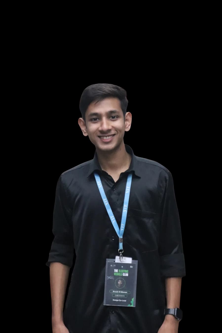 Arush Nandakumar Menon, wearing his college event lanyard