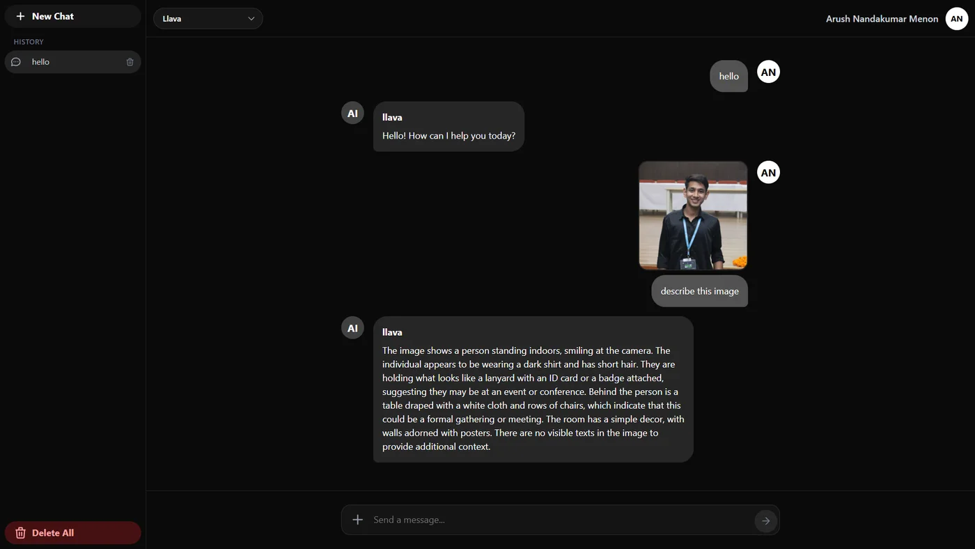LocalMind product screenshot demonstrating a vision model describing an uploaded image