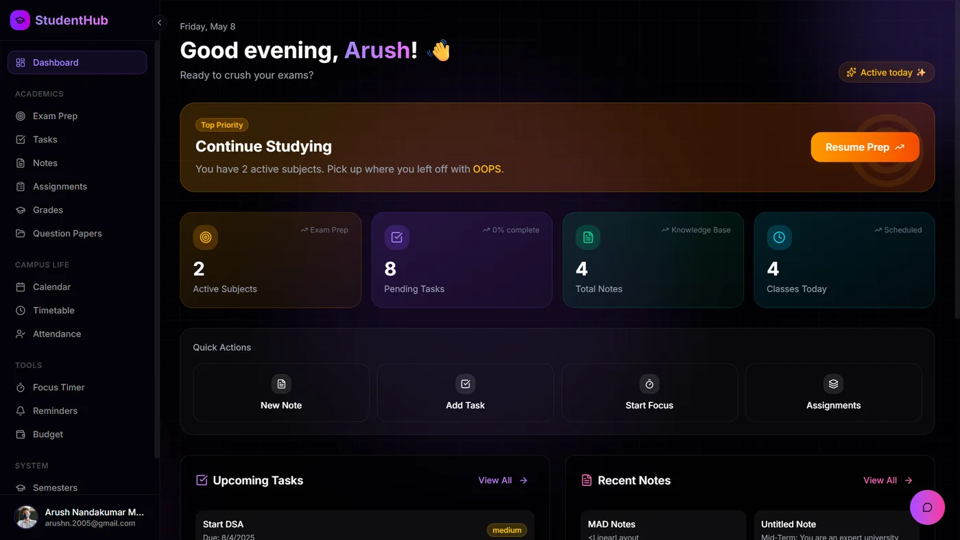 StudentHub academic dashboard with study progress, tasks, and notes
