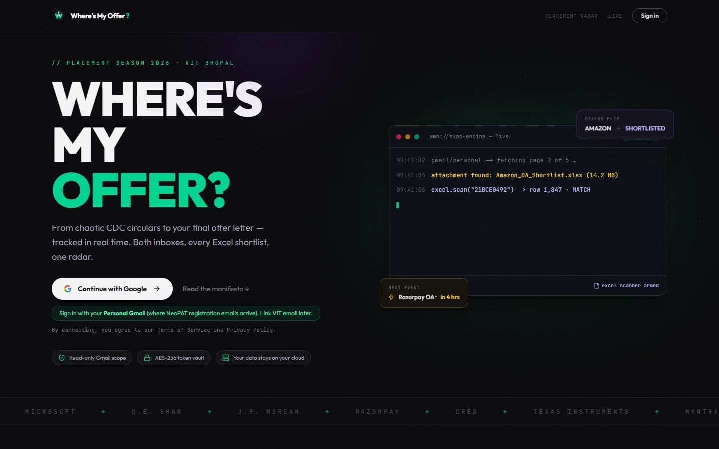 Where’s My Offer? live product landing page